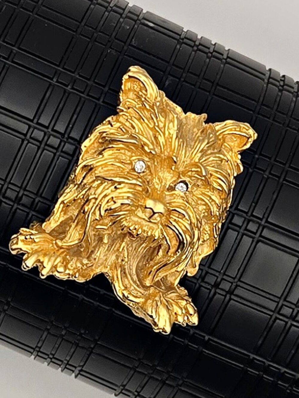 Vintage Gold Tone Yorkshire Terrier Brooch Rhinestone Eyes